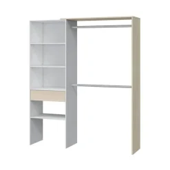 Armario vestidor Hera 2 barras con cajón y estantes blanco/natural 187x158x40 cm