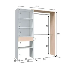 Armario vestidor Hera 2 barras con cajón y estantes blanco/natural 187x158x40 cm