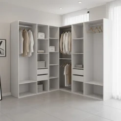 Armario vestidor Suit 4 barras con 4 cajones y compartimentos blanco/natural 205x182,5x182,5 cm