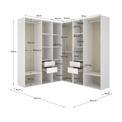 Armario vestidor Suit 4 barras con 4 cajones y compartimentos blanco/natural 205x182,5x182,5 cm