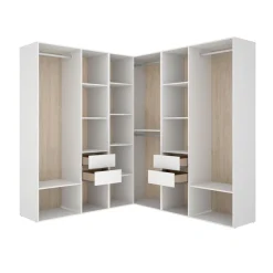 Armario vestidor Suit 4 barras con 4 cajones y compartimentos blanco/natural 205x182,5x182,5 cm
