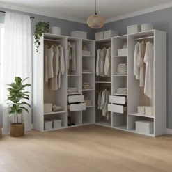 Armario vestidor Suit 4 barras con 4 cajones y compartimentos blanco/natural 205x182,5x182,5 cm