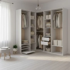 Armario vestidor Suit 4 barras con zapatero y compartimentos blanco/natural 205x182,5x144,5 cm
