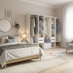 Armario vestidor Suit 3 barras con 4 cajones y zapatero blanco/natural 205x256x45 cm