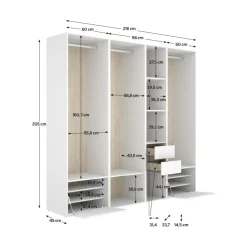 Armario vestidor Suit 3 barras con 2 cajones y 2 zapateros blanco/natural 205x218x45 cm