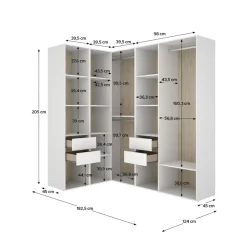 Armario vestidor Suit 3 barras con 4 cajones y compartimentos blanco/natural 205x182,5x124 cm