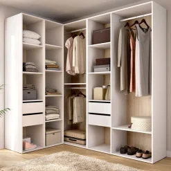 Armario vestidor Suit 3 barras con 4 cajones y compartimentos blanco/natural 205x182,5x124 cm