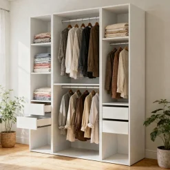 Armario vestidor Suit 4 cajones con 2 barras y compartimentos blanco/natural 205x159x45 cm