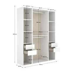 Armario vestidor Suit 4 cajones con 2 barras y compartimentos blanco/natural 205x159x45 cm