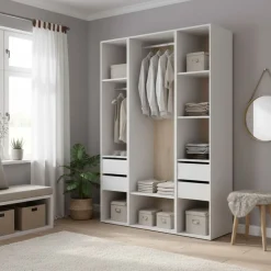 Armario vestidor Suit 4 cajones con barra y compartimentos blanco/natural 205x137,5x45 cm