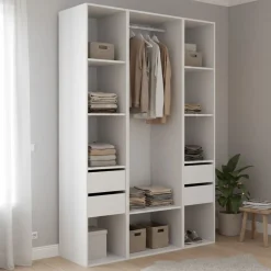 Armario vestidor Suit 4 cajones con barra y compartimentos blanco/natural 205x137,5x45 cm