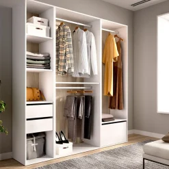 Armario vestidor Suit 2 cajones con 3 barras y zapatero blanco/natural 205x179,5x45 cm