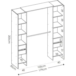 Armario vestidor Suit 8 compartimentos con 2 barras, cortina y 4 cajones 205x179x50 cm