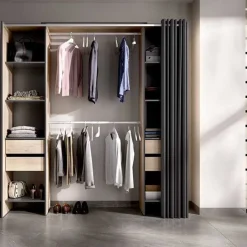 Armario vestidor Suit 8 compartimentos con 2 barras, cortina y 4 cajones 205x179x50 cm