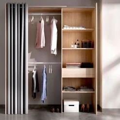 Armario vestidor Suit 4 estantes con 2 barras, cortina y cajón blanco 205x160x50 cm