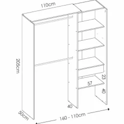 Armario vestidor Suit 4 estantes con 2 barras, cortina y cajón blanco 205x160x50 cm