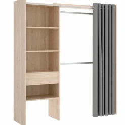 Armario vestidor Suit 4 estantes con 2 barras, cortina y cajón blanco 205x160x50 cm