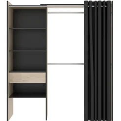 Armario vestidor Suit 4 estantes con 2 barras, cortina y cajón grafito/natural 205x160x50 cm
