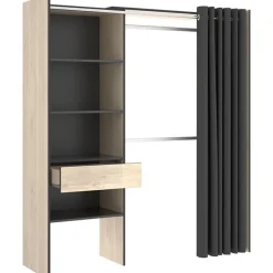 Armario vestidor Suit 4 estantes con 2 barras, cortina y cajón grafito/natural 205x160x50 cm