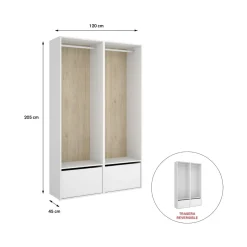 Armario vestidor Suit 2 módulos + 2 barras + zapatero blanco/natural 205x120x45 cm
