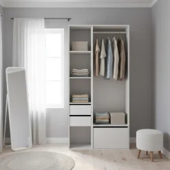 Armario vestidor Suit barra con zapatero y 4 compartimentos blanco/natural 205x99,5x45 cm