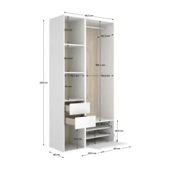 Armario vestidor Suit barra con zapatero y 4 compartimentos blanco/natural 205x99,5x45 cm