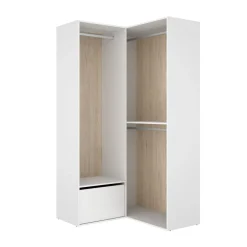 Armario vestidor Suit diseño esquinero con 3 barras y zapatero blanco/natural 205x105x104,5 cm