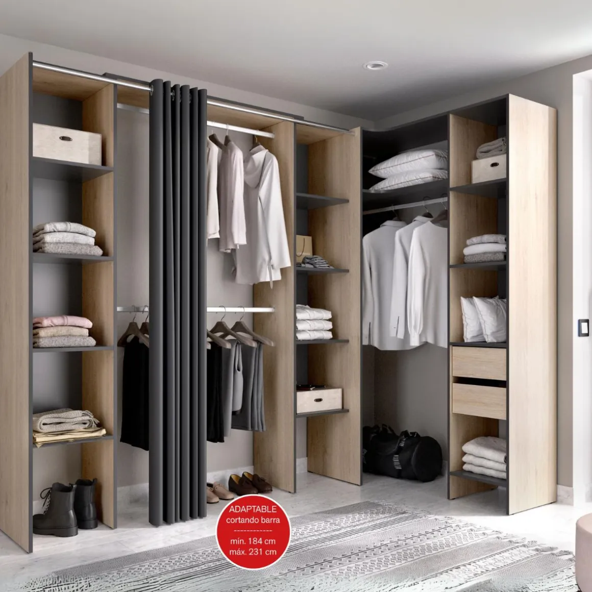 Armario vestidor Suit reversible 2 cajones + 3 barras + 3 columnas 205x164-214x141 cm