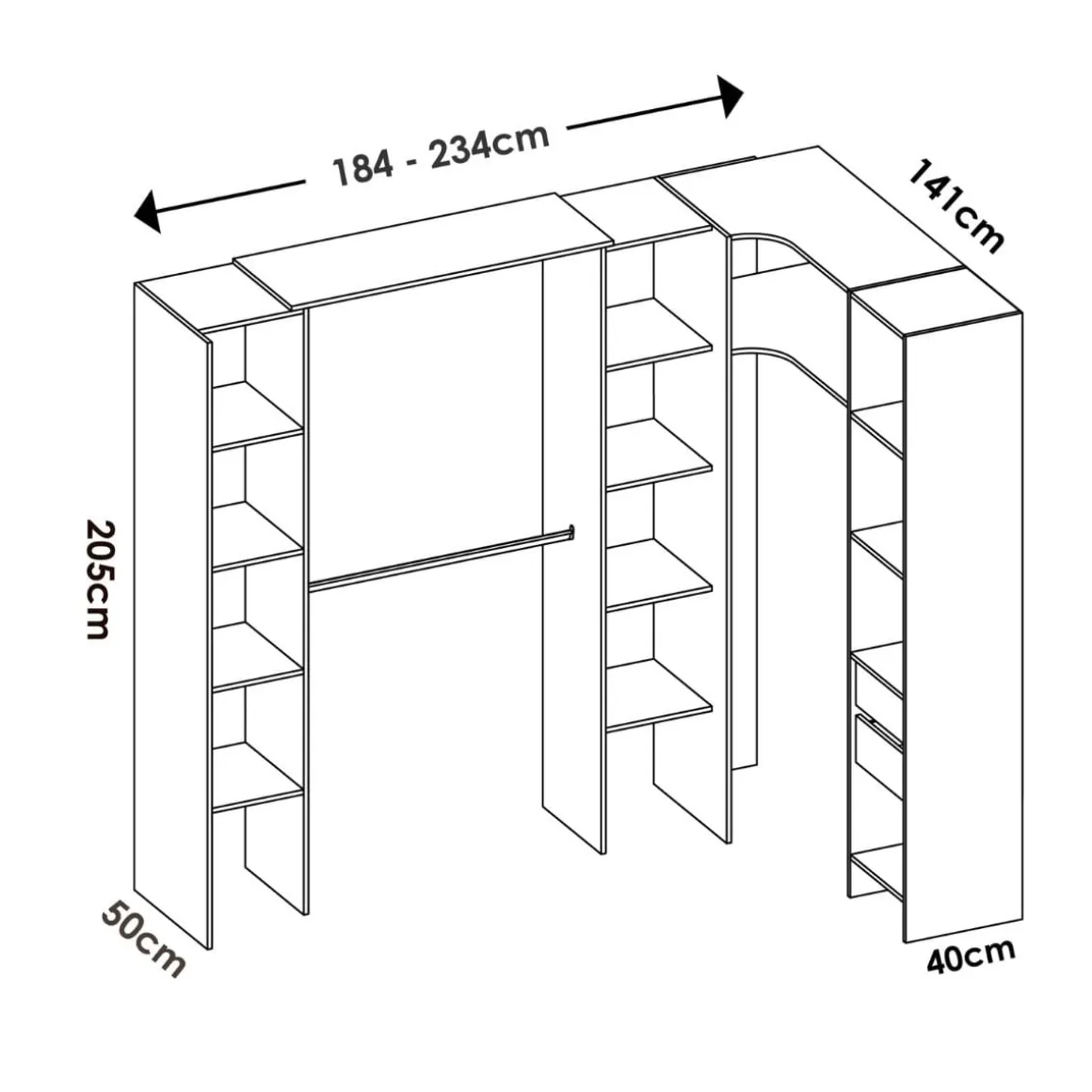 Armario vestidor Suit reversible 2 cajones + 3 barras + 3 columnas 205x164-214x141 cm