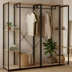Armario vestidor Trok 3 barras con 4 estantes negro/natural 167x210x40 cm