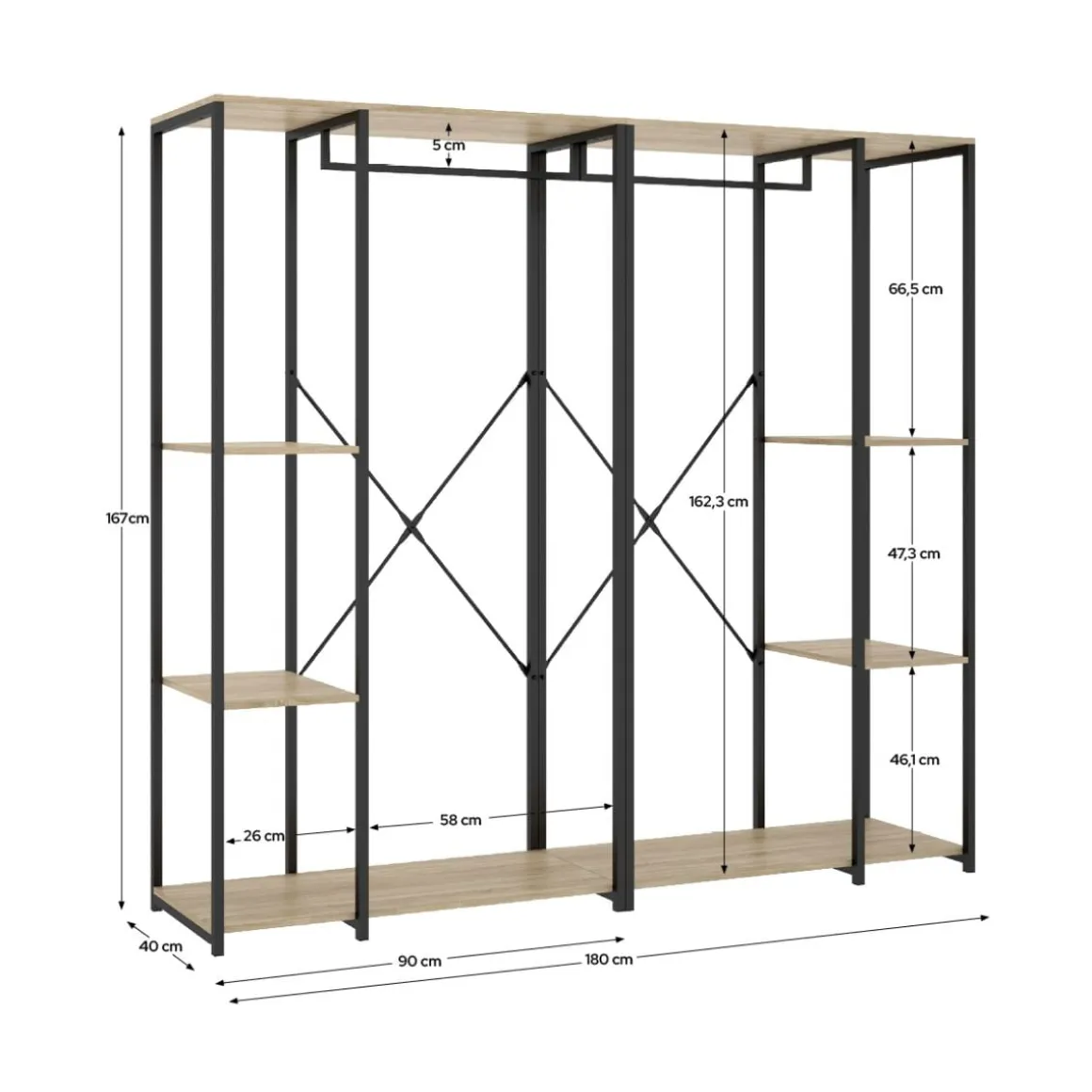 Armario vestidor Trok 3 barras con 4 estantes negro/natural 167x210x40 cm