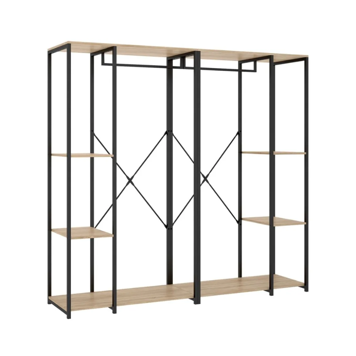 Armario vestidor Trok 3 barras con 4 estantes negro/natural 167x210x40 cm