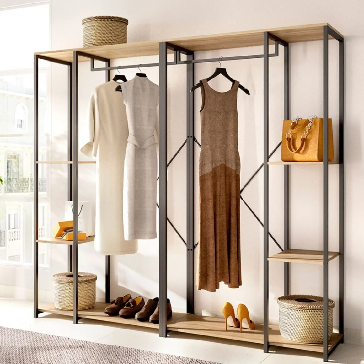 Armario vestidor Trok 3 barras con 4 estantes negro/natural 167x210x40 cm