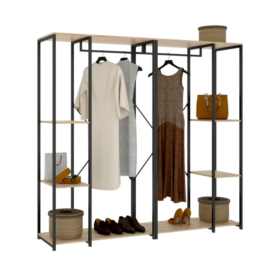 Armario vestidor Trok 3 barras con 4 estantes negro/natural 167x210x40 cm