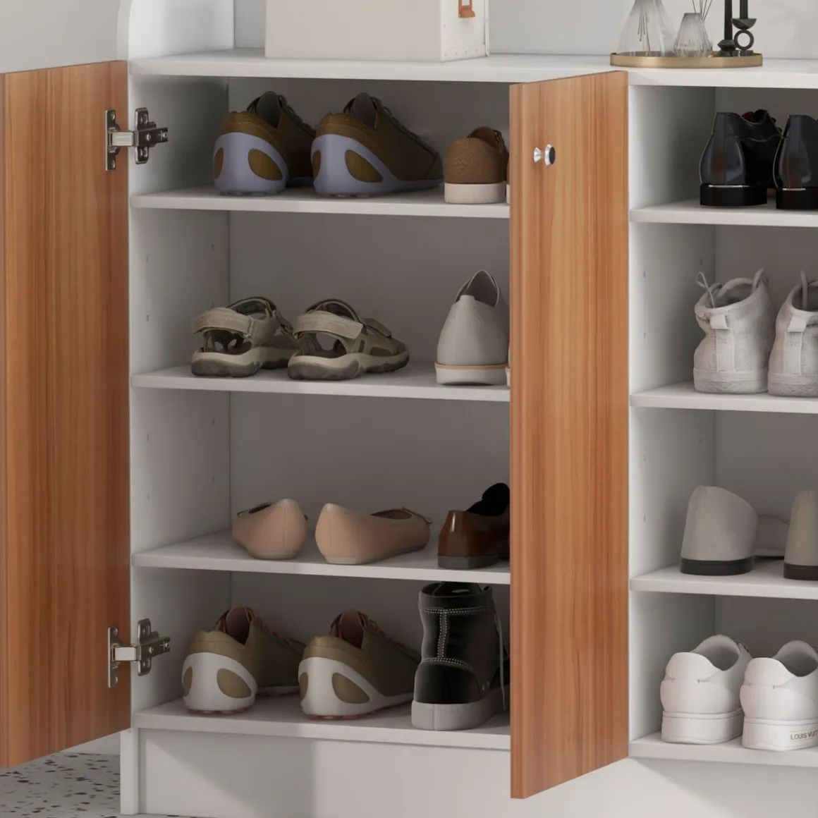 Armario zapatero Dino Homcom 2 puertas + 8 estantes ajustables blanco/natural 90x83x30 cm