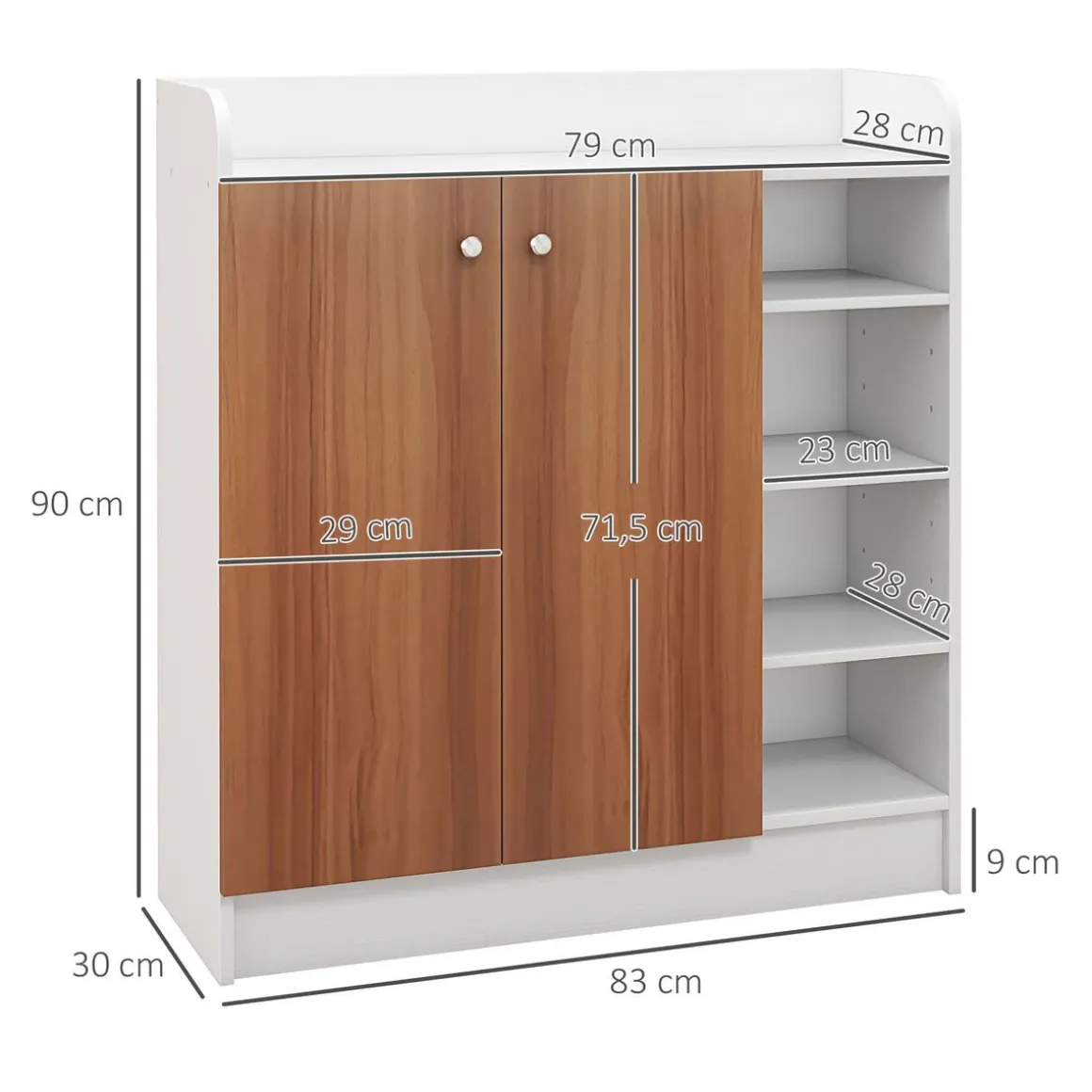 Armario zapatero Dino Homcom 2 puertas + 8 estantes ajustables blanco/natural 90x83x30 cm