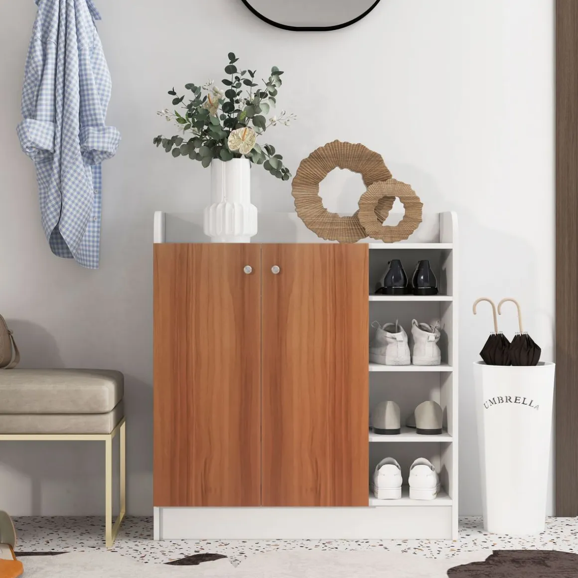 Armario zapatero Dino Homcom 2 puertas + 8 estantes ajustables blanco/natural 90x83x30 cm