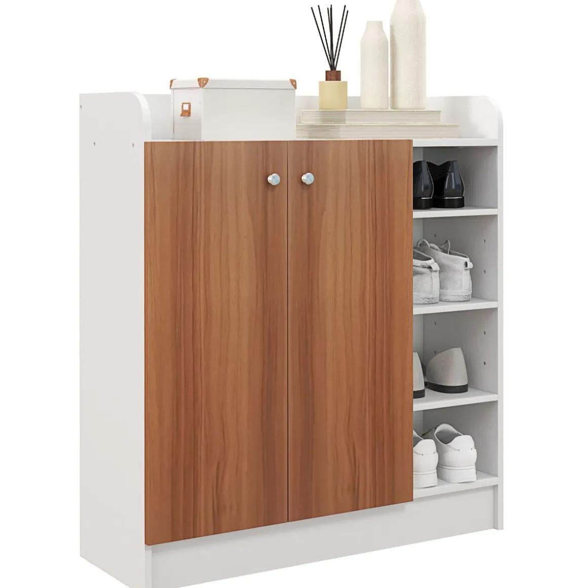 Armario zapatero Dino Homcom 2 puertas + 8 estantes ajustables blanco/natural 90x83x30 cm