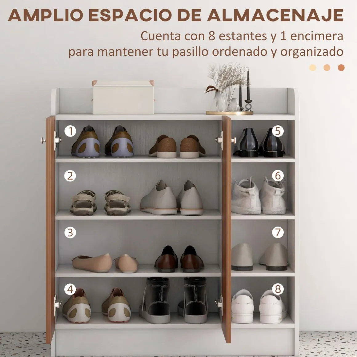 Armario zapatero Dino Homcom 2 puertas + 8 estantes ajustables blanco/natural 90x83x30 cm