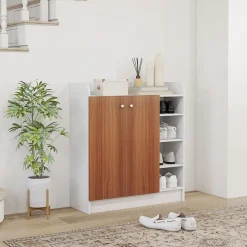 Armario zapatero Dino Homcom 2 puertas + 8 estantes ajustables blanco/natural 90x83x30 cm