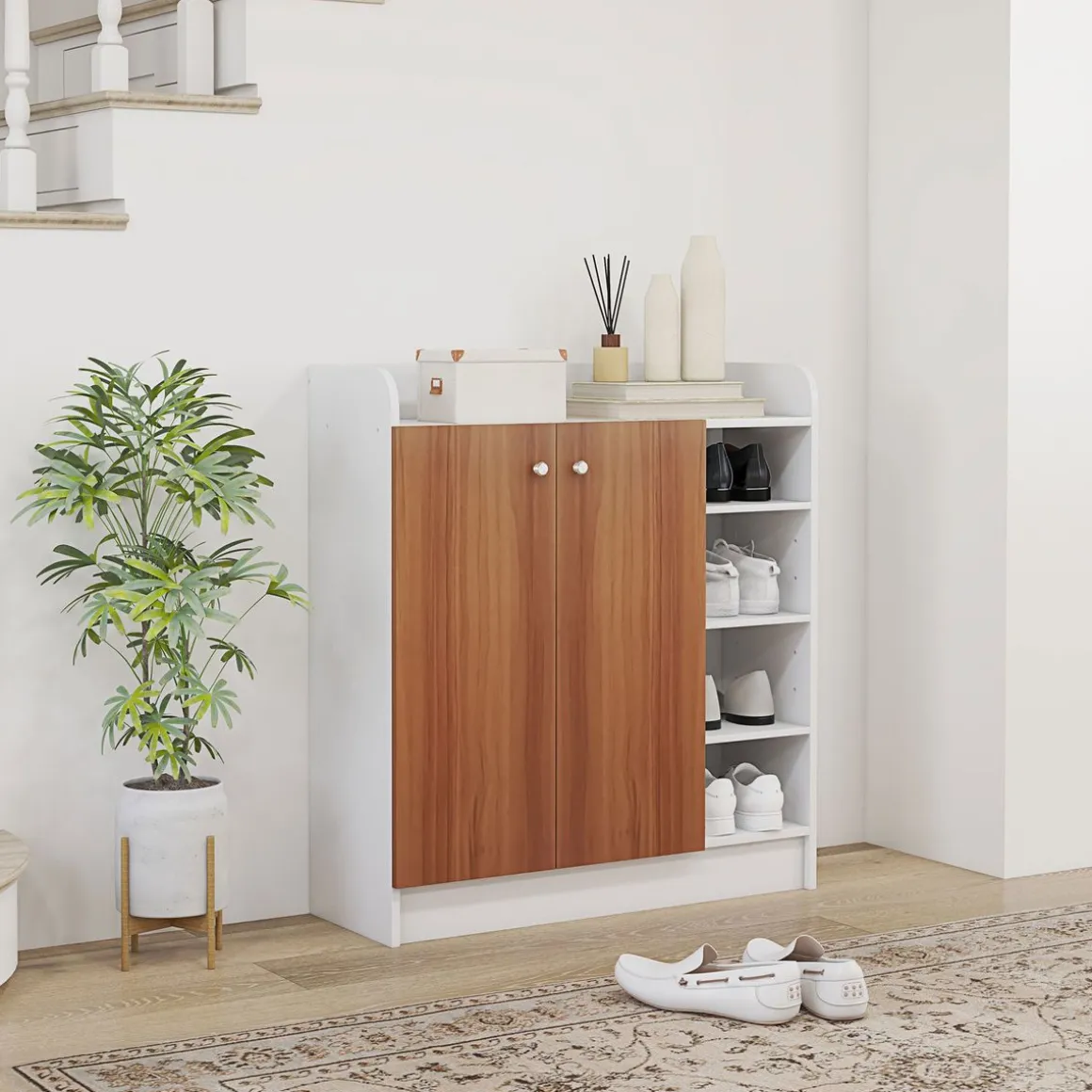 Armario zapatero Dino Homcom 2 puertas + 8 estantes ajustables blanco/natural 90x83x30 cm