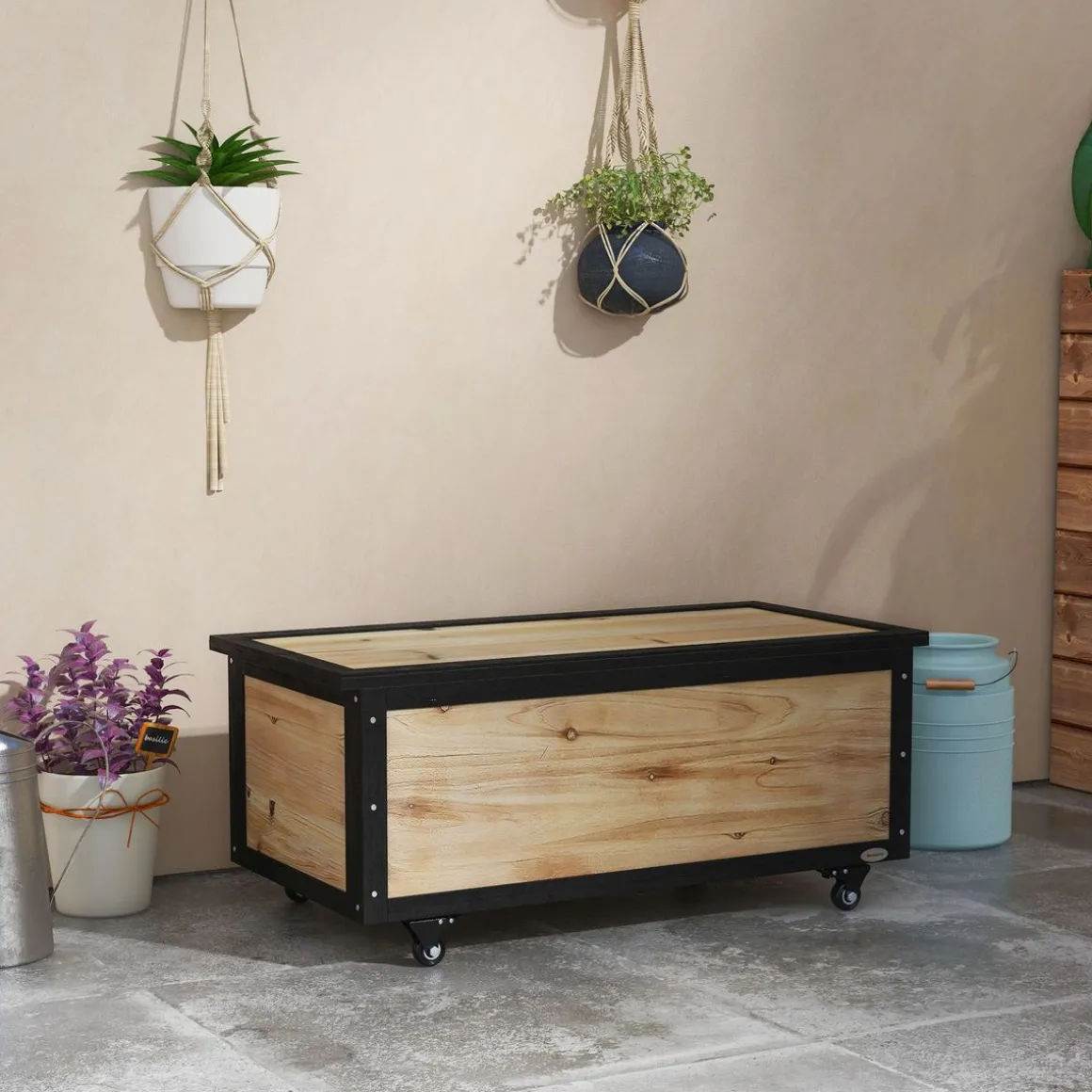 Baúl Perla Outsunny 4 ruedas natural/negro 43x100x50 cm