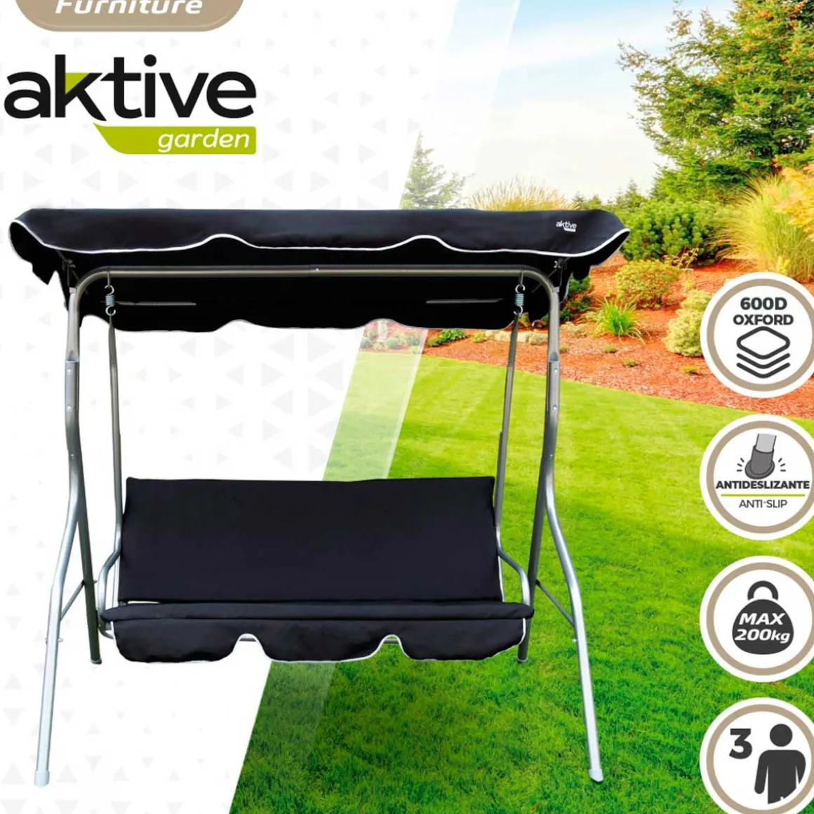 Balancín Aktive Garden con toldo inclinable 3 plazas negro