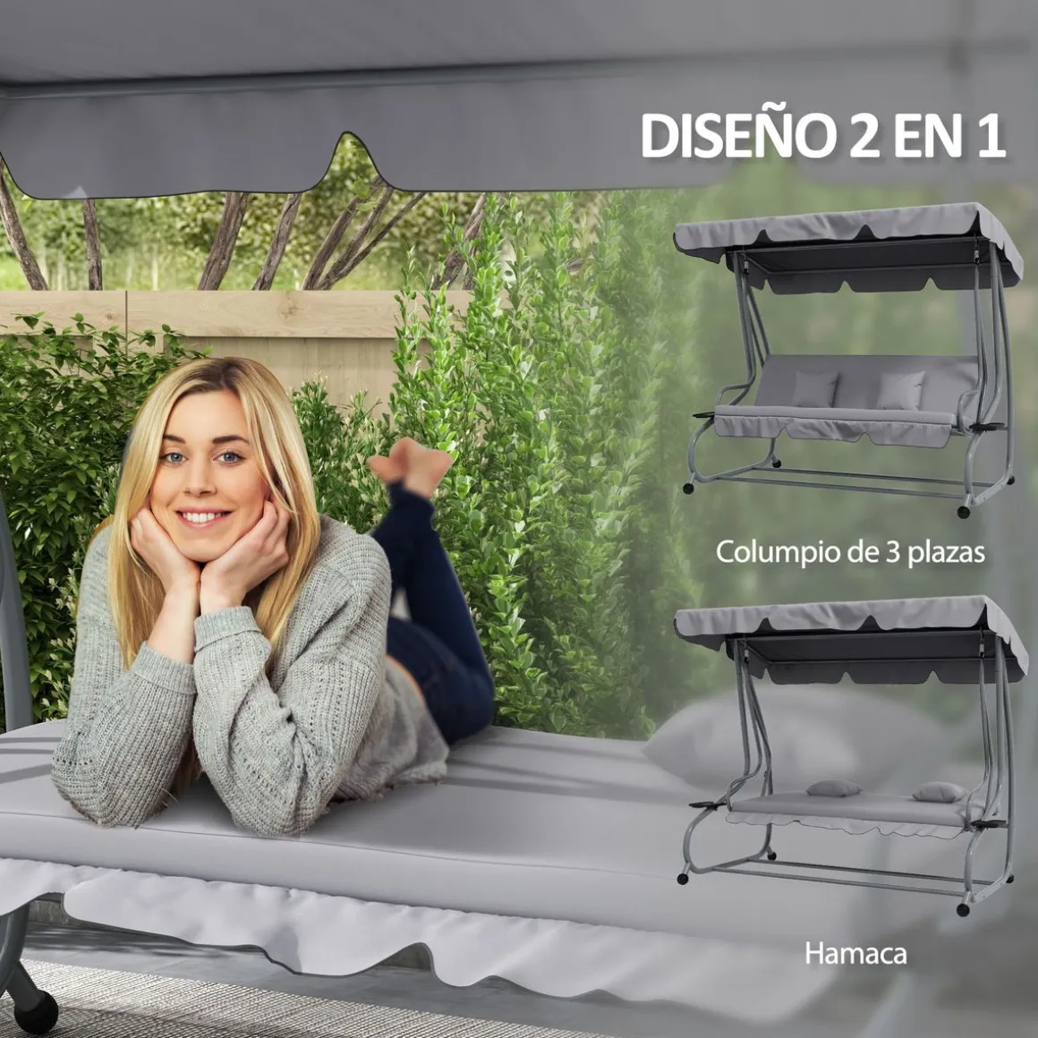 Balancín de jardín Alicia Outsunny convertible en cama gris 164x200x120 cm