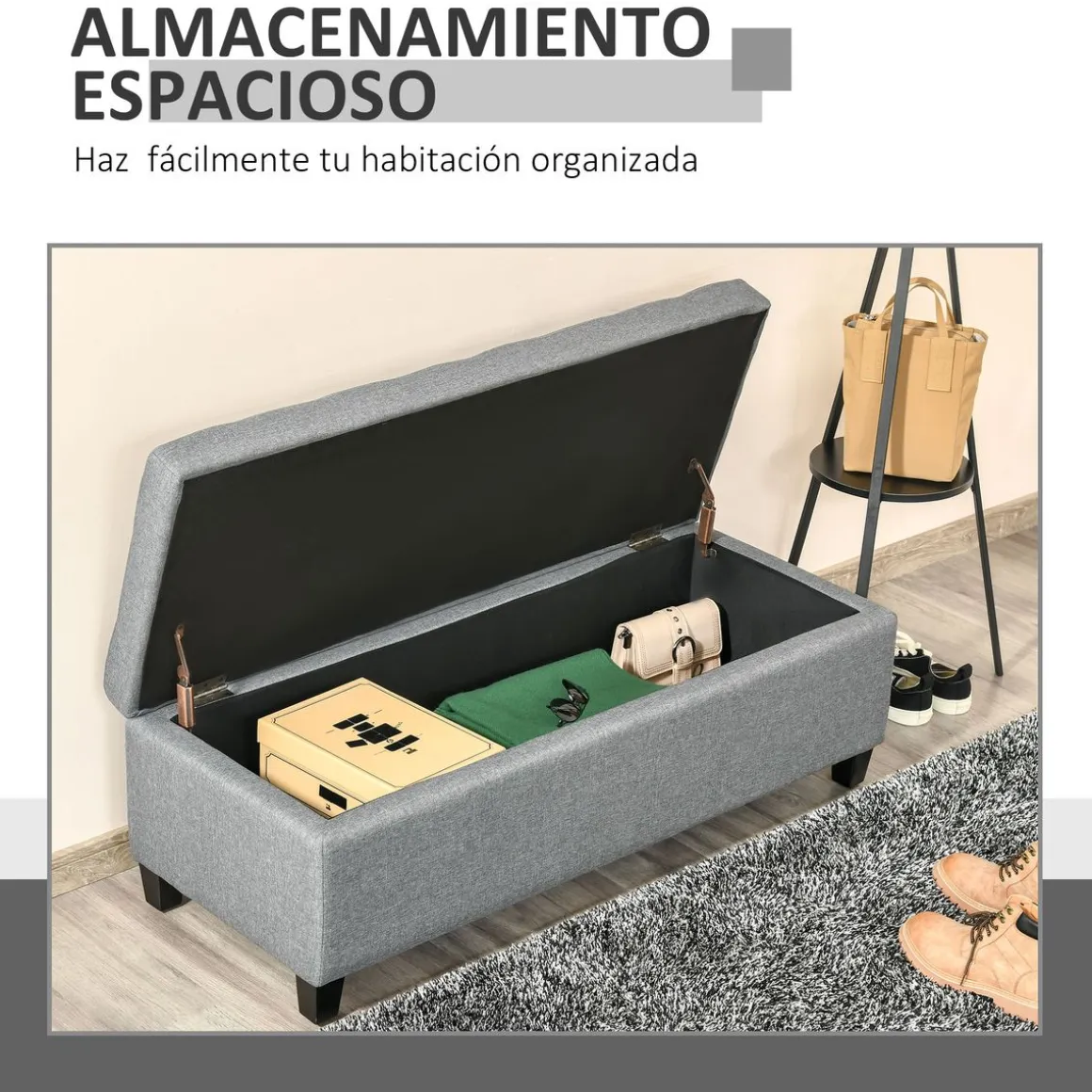 Banco de almacenamiento Homcom acolchado gris 41,5x125x49 cm