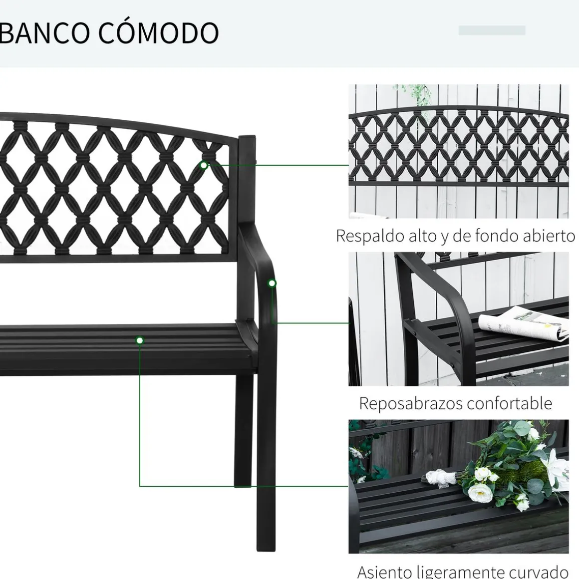 Banco de jardín Kasu Outsunny 2 plazas negro 89x128x58,5 cm