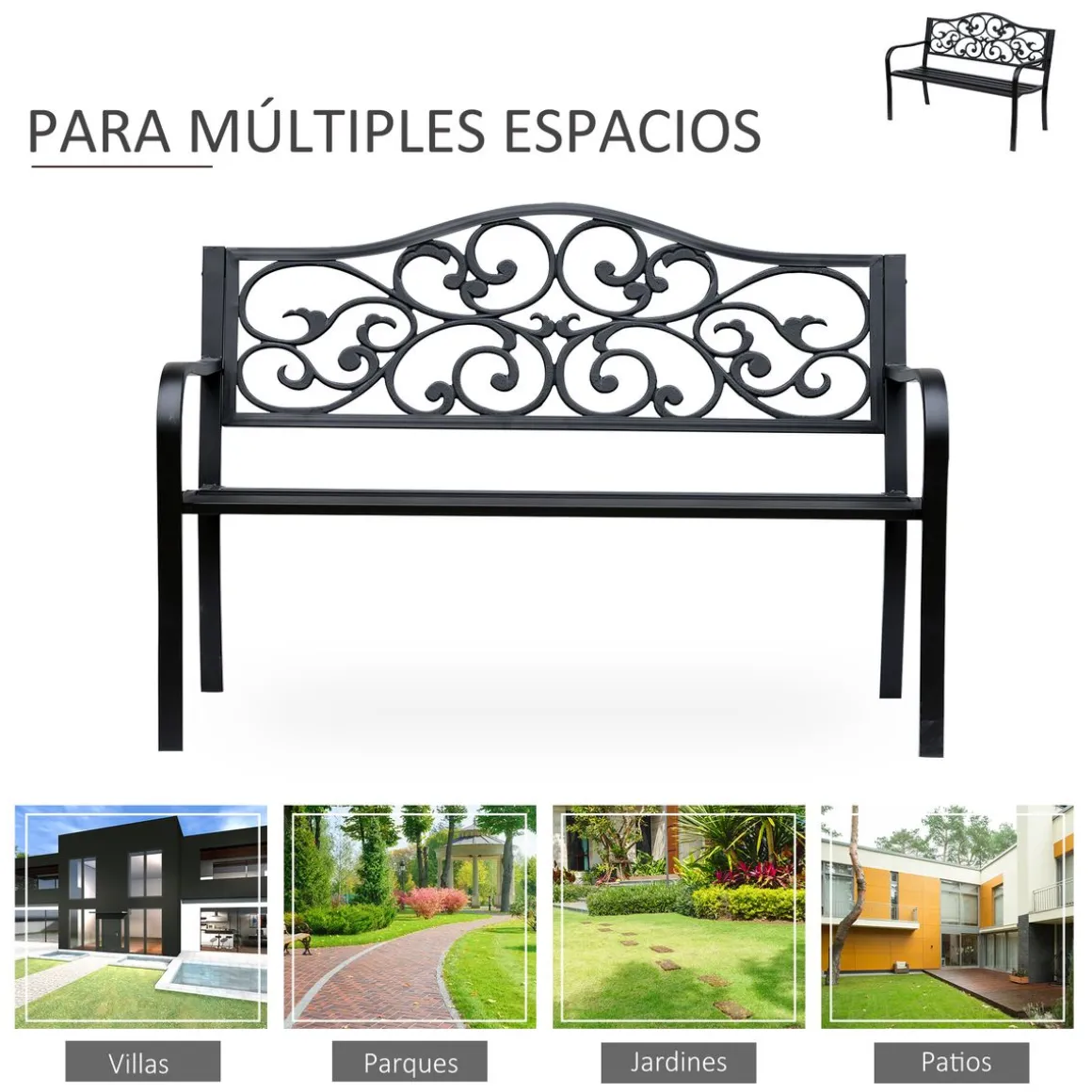 Banco de jardín Paradise Outsunny hasta 240kg negro 89x127x60 cm