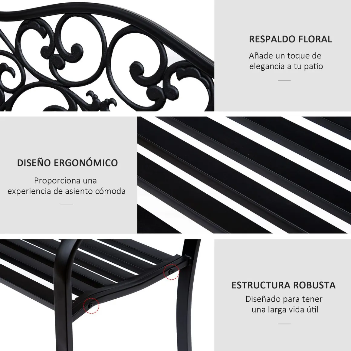Banco de jardín Paradise Outsunny hasta 240kg negro 89x127x60 cm