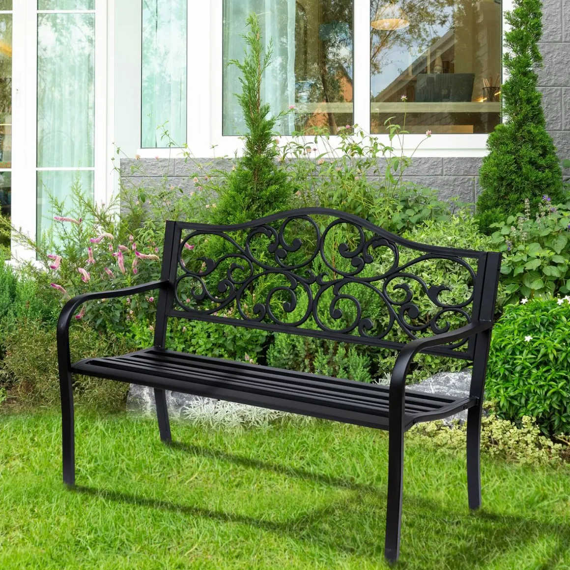 Banco de jardín Paradise Outsunny hasta 240kg negro 89x127x60 cm