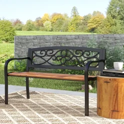 Banco de jardín Renata Outsunny 2 plazas respaldo forjado negro/marrón 80x127x56 cm